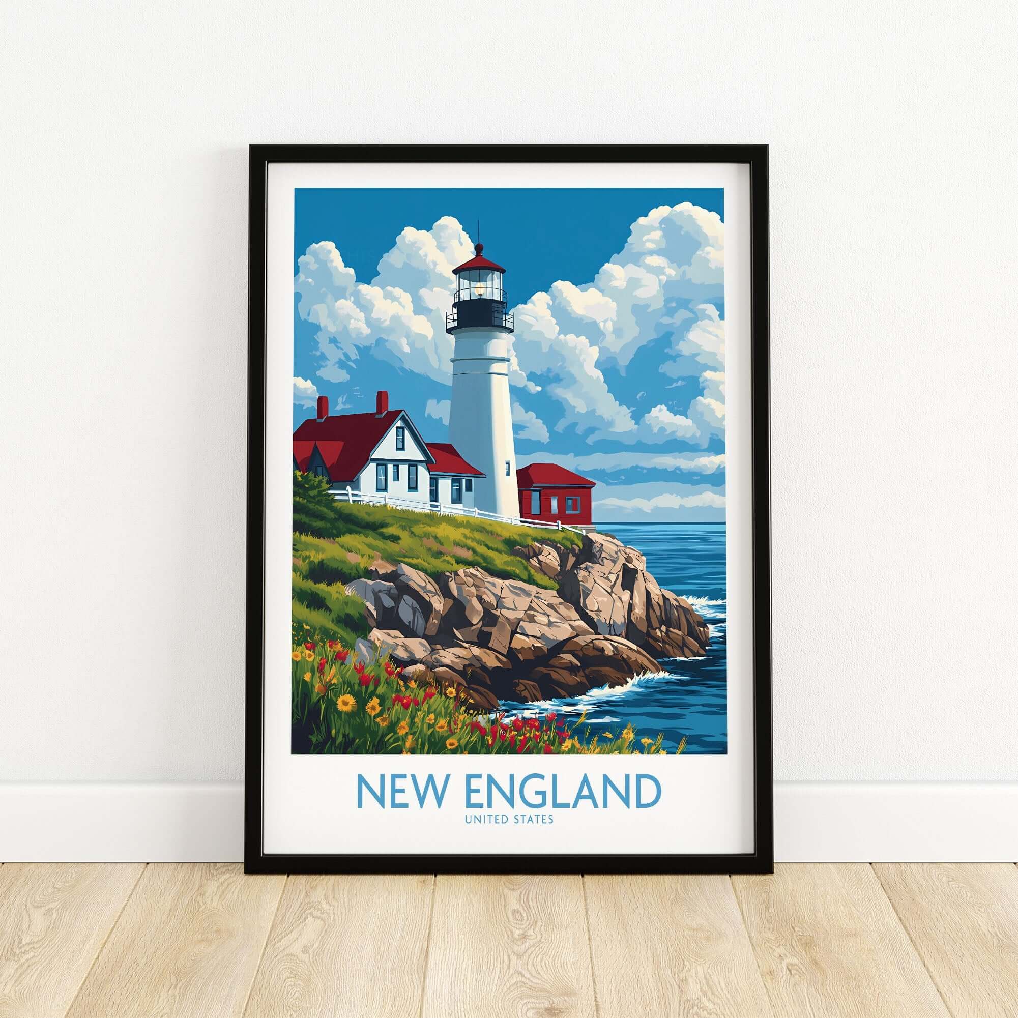 New England Poster featuring a vibrant lighthouse and scenic coastal view, perfect wall art for home decor.