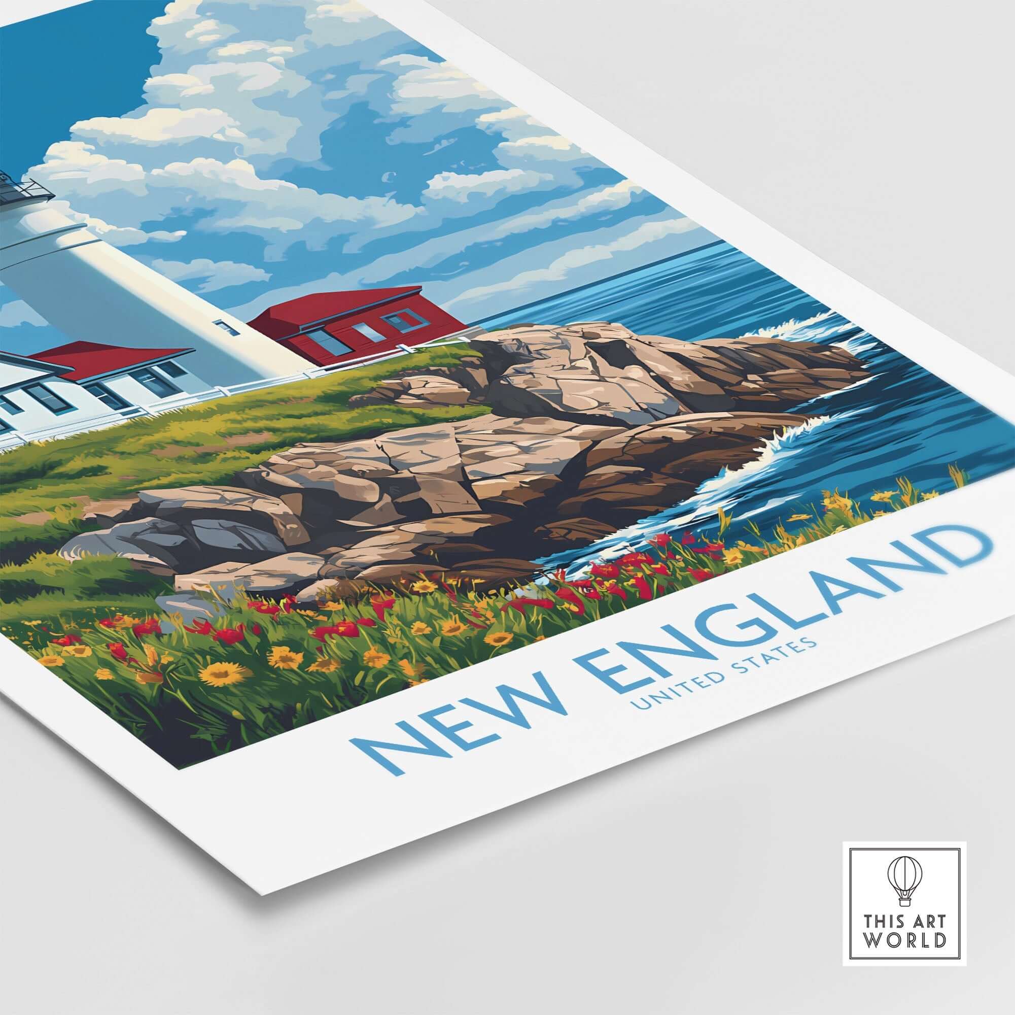 New England Poster featuring a lighthouse on a rocky shore with vibrant flowers and a scenic sky.