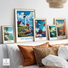 New England Poster displayed among other travel posters, showcasing vibrant imagery and wall art decor.