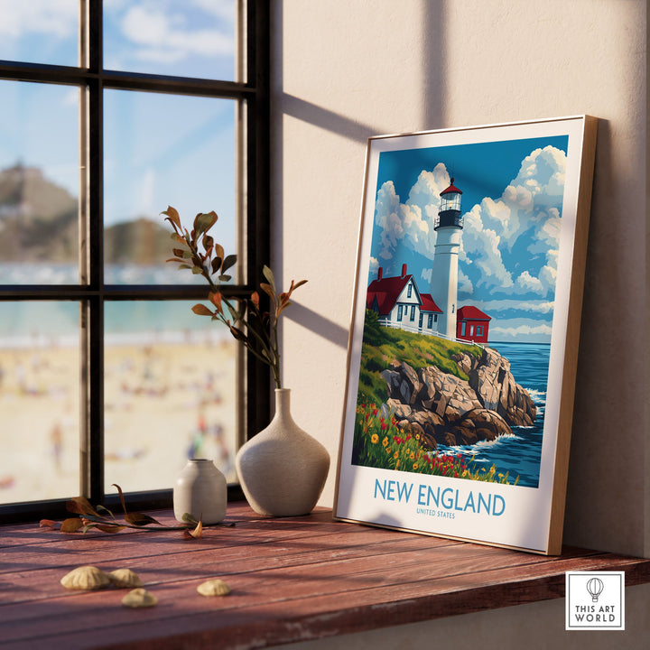 New England poster featuring a lighthouse by the sea, displayed on a sunlit windowsill, capturing the scenic beauty and charm.