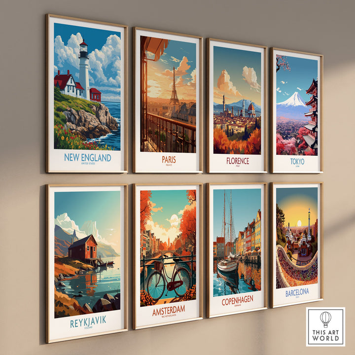 Collection of travel posters featuring New England, Paris, Florence, Tokyo, Reykjavik, Amsterdam, Copenhagen, and Barcelona wall art.