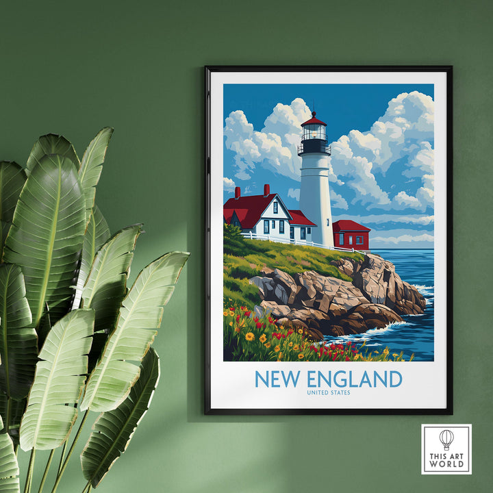 New England poster depicting a lighthouse on a rocky coastline with vibrant sky, framed on green wall next to tropical plant.