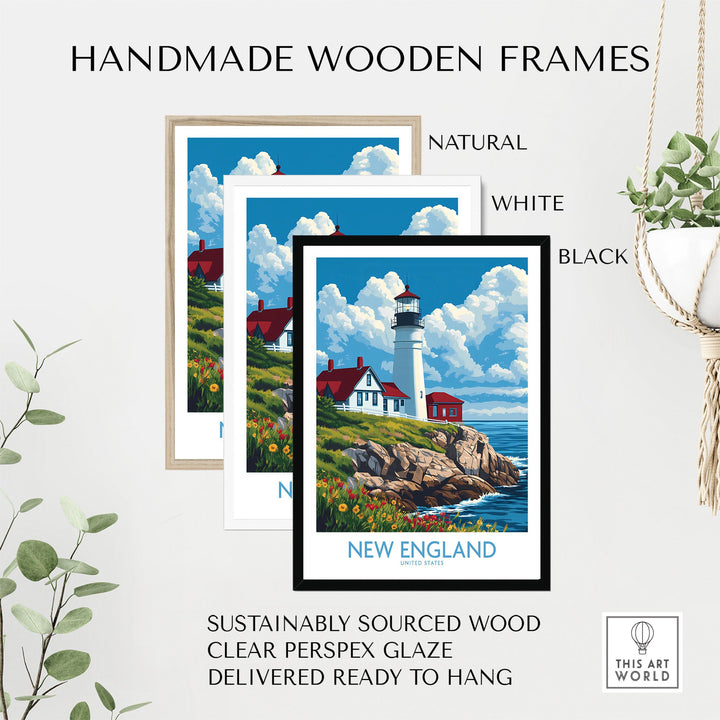 "New England poster with lighthouse scene in handmade wooden frames, available in natural, white, and black colors."