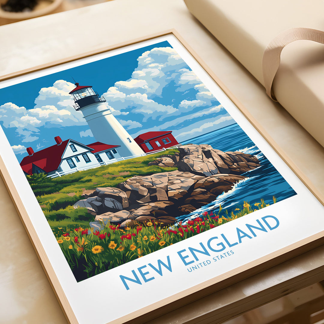 New England poster featuring a vibrant lighthouse scene with ocean and cliff, perfect wall art for home decor.