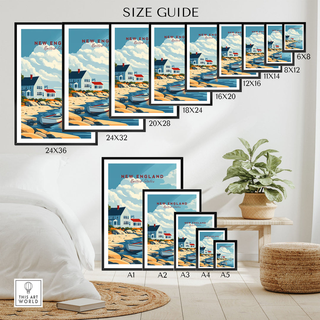 "New England Travel Poster size guide, featuring various print dimensions for wall art decor, showcasing scenic coastal imagery."