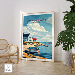New England Travel Poster featuring a coastal scene with boats, houses, and vibrant clouds.