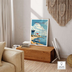 New England Travel Poster featuring a coastal scene with boats and colorful houses, perfect for travel enthusiasts.