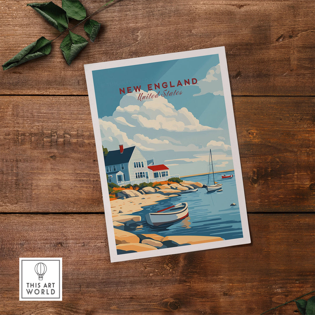 New England travel poster featuring coastal scenery, boats, and charming houses. Perfect wall art for home or office decor.