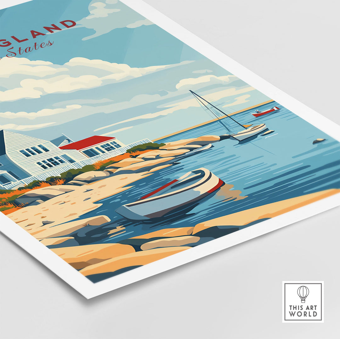 New England travel poster featuring coastal artwork with boats on the water and charming seaside scenery, perfect for home decor.