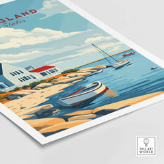 New England Travel Poster featuring a picturesque coastal scene with boats and beach houses.