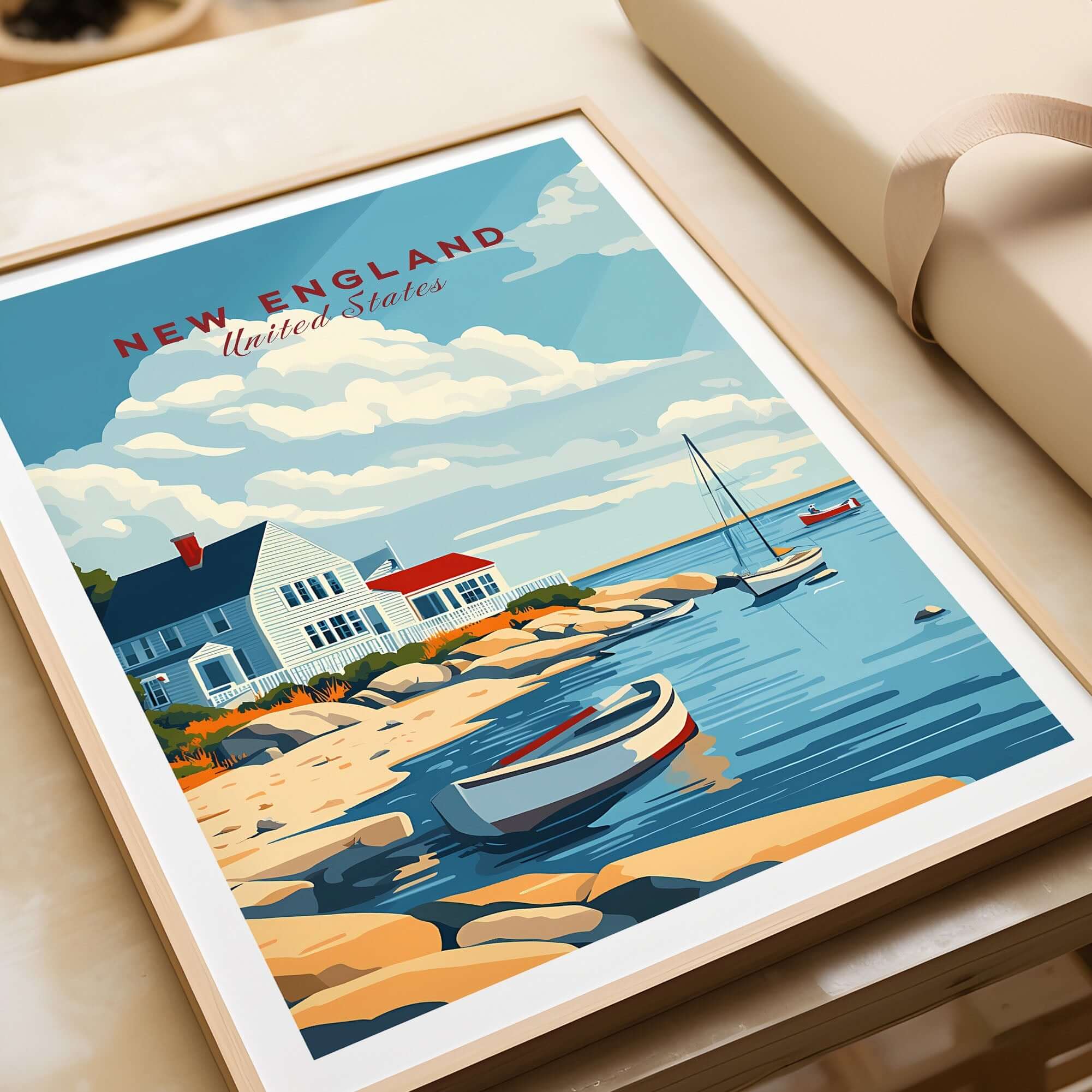New England Travel Poster featuring a beautiful coastal scene with boats and a house.