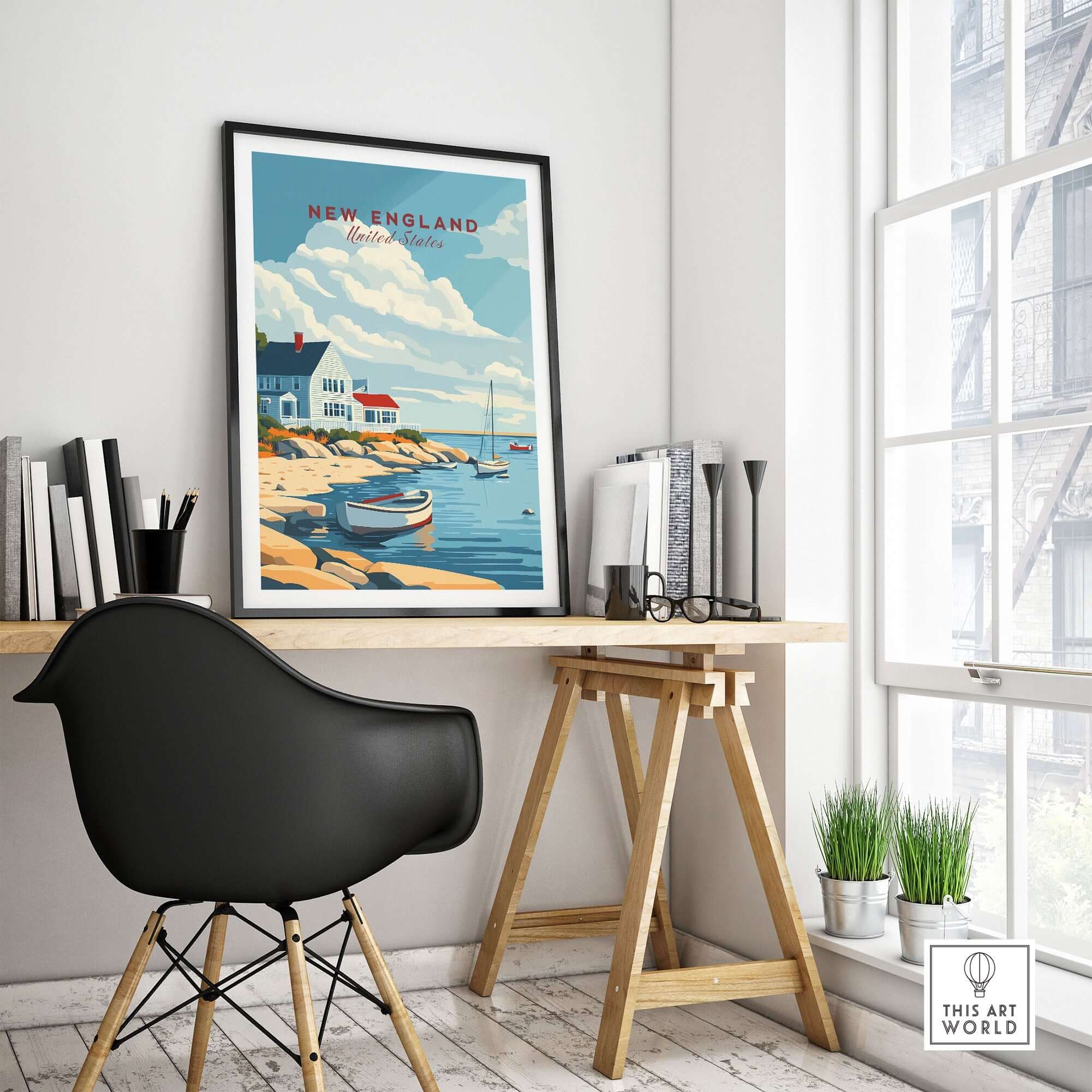 New England Travel Poster showcasing a coastal scene with boats and charming homes, perfect for home decor.