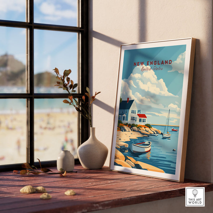 Framed New England travel poster with coastal scenery by window, featuring boats and a cottage, perfect for home or office decor.