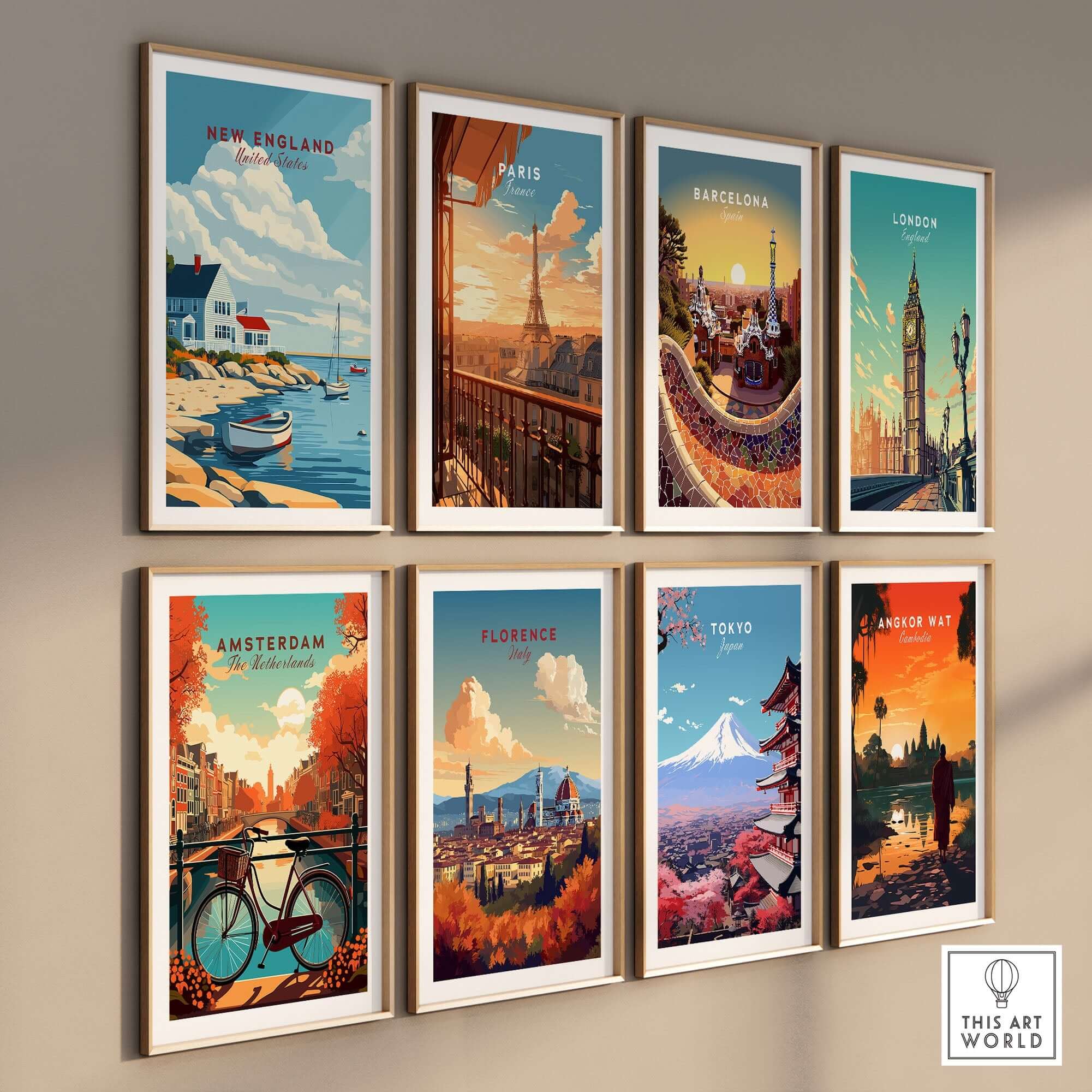 New England Travel Poster displayed among other iconic travel posters, showcasing vibrant colors and charming designs.