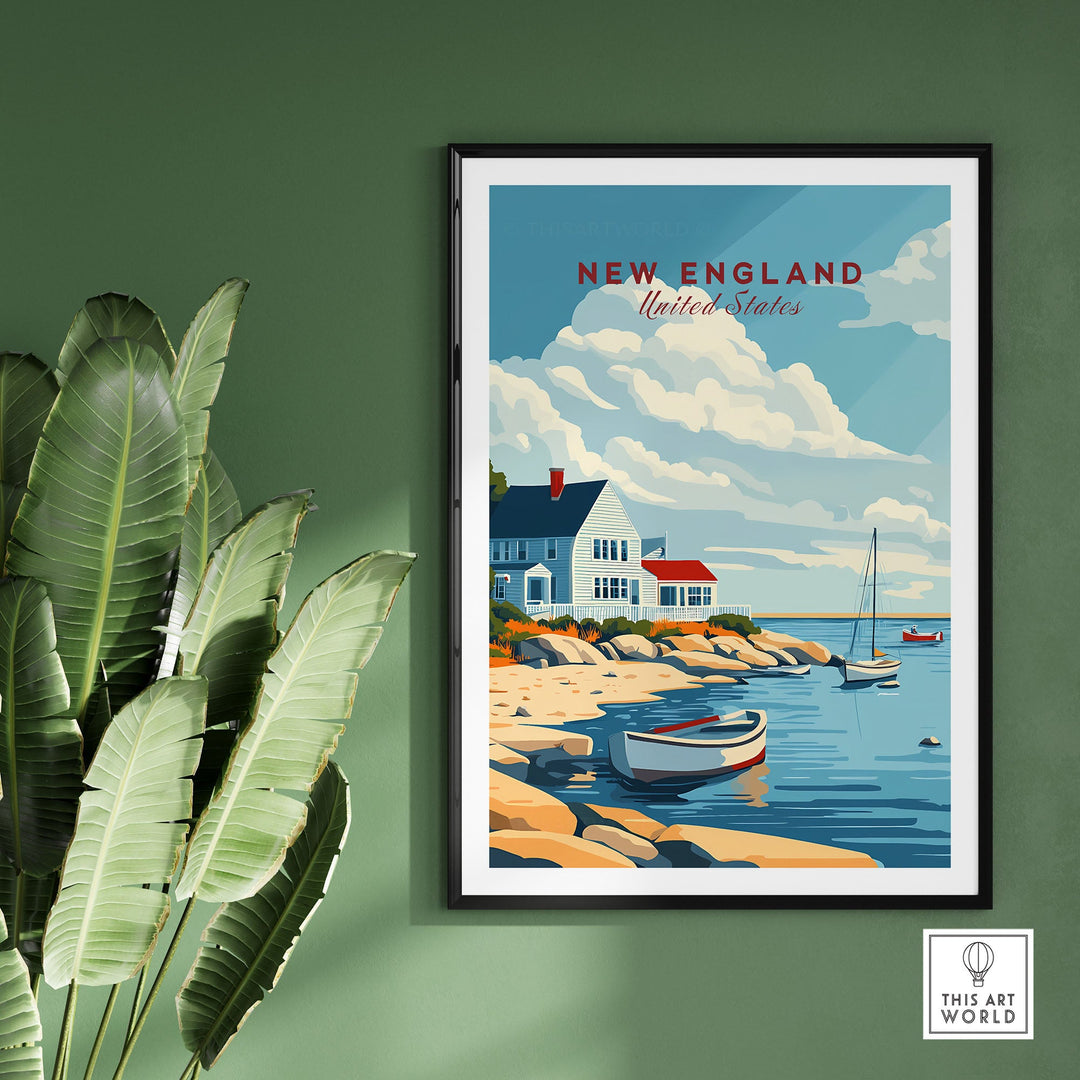 New England travel poster featuring a scenic coastal view with boats and a charming house, perfect for home or office d��cor.