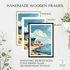 Handmade wooden frames displaying a New England Travel Poster in natural, white, and black options.