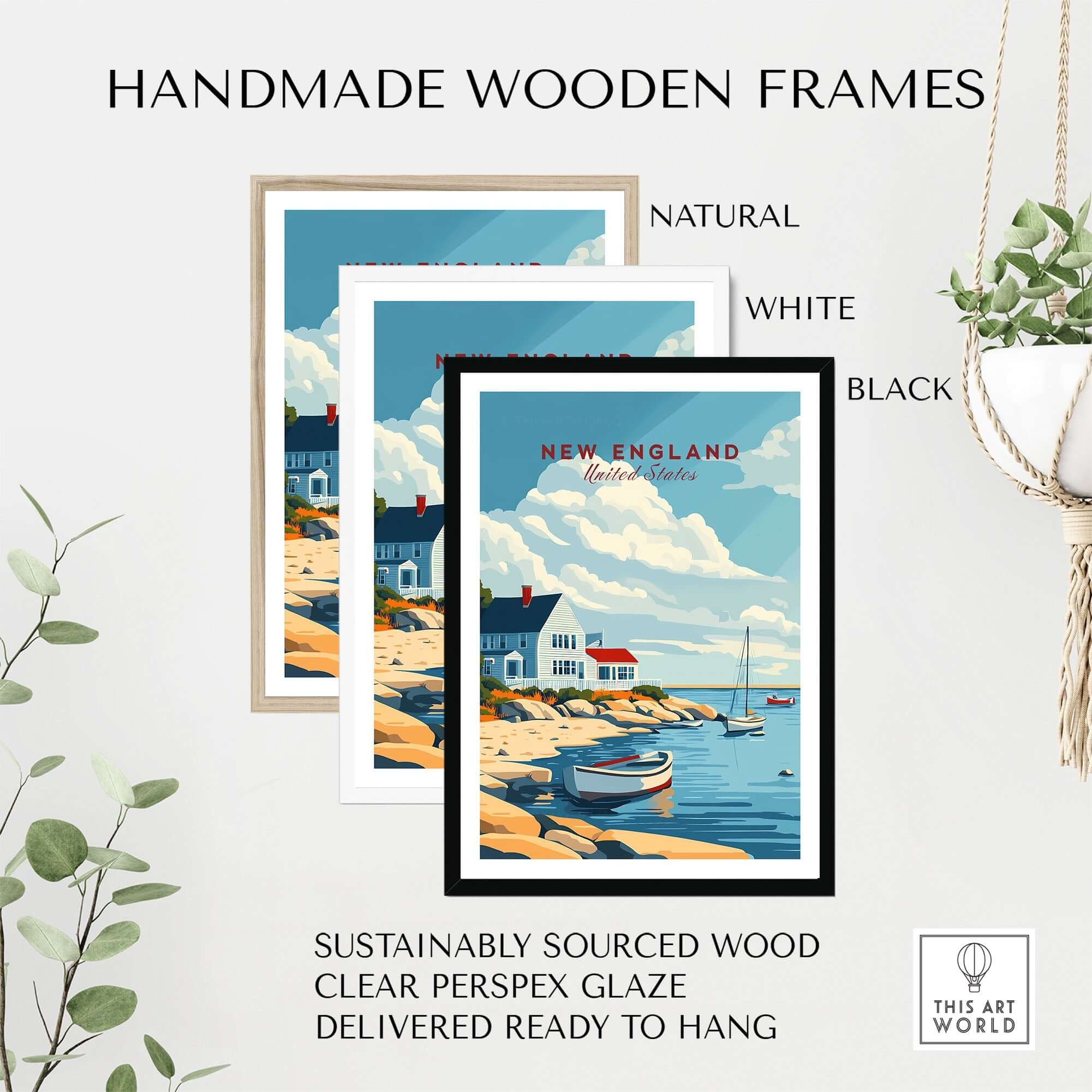 Handmade wooden frames displaying a New England Travel Poster in natural, white, and black options.