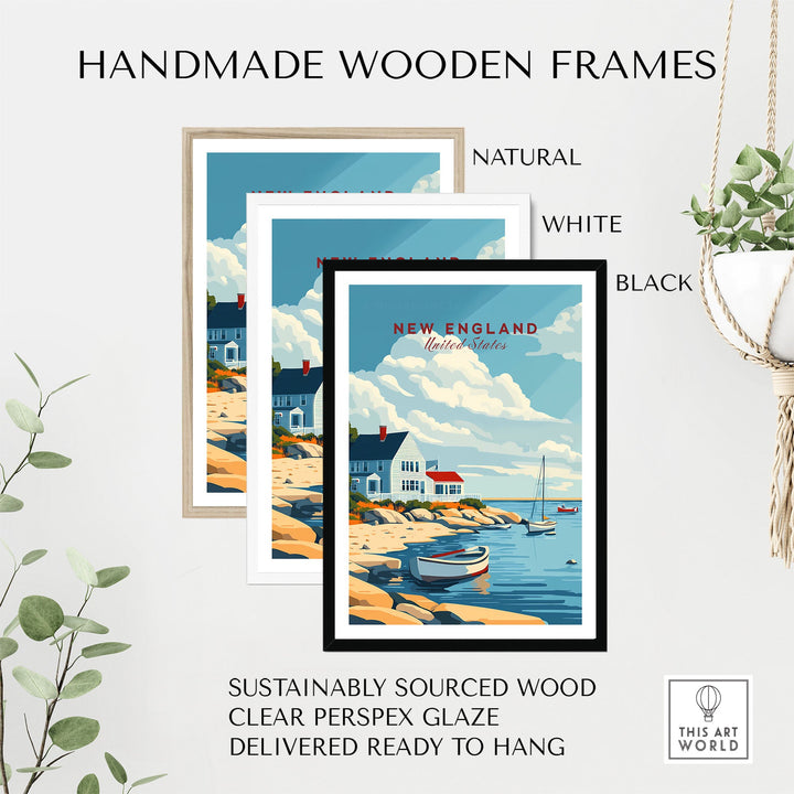 New England travel poster with seaside scene in handmade wooden frames, available in natural, white, and black. Ready to hang wall art.