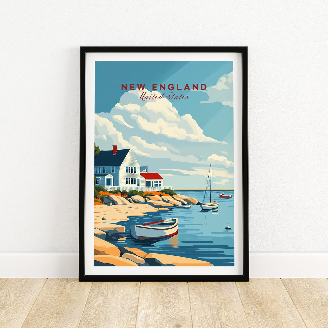 New England travel poster featuring a coastal scene with boats and houses, perfect wall art for home or office.