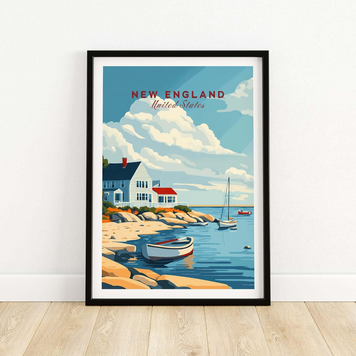 New England Travel Poster showcasing a coastal scene with boats and houses in a colorful design.