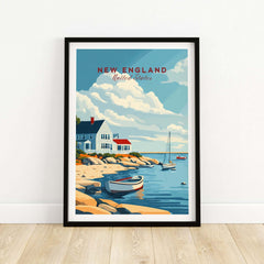New England Travel Poster showcasing a coastal scene with boats and houses in a colorful design.