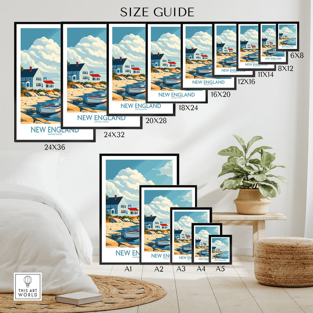 Various sizes of New England coastal travel print wall art displayed, featuring serene beach and village scene.