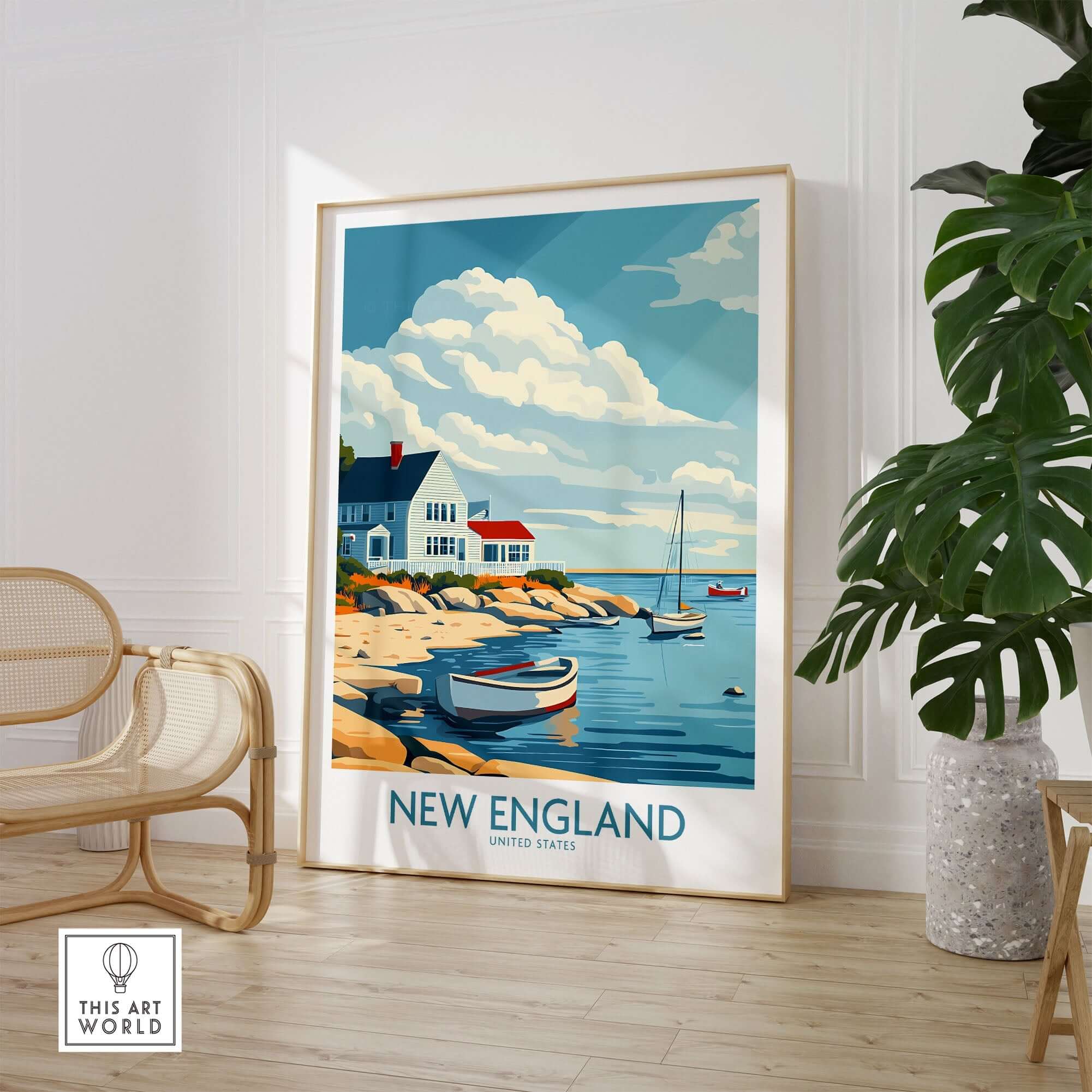 New England Travel Print hung on wall showcasing coastal scene with boats and a house.