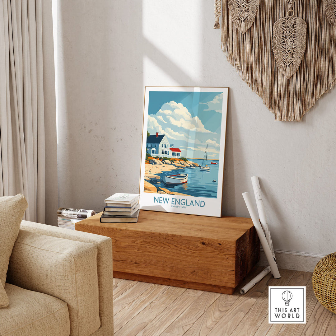 New England travel print featuring coastal scene, displayed in a cozy home setting, perfect for travelers and landscape lovers.