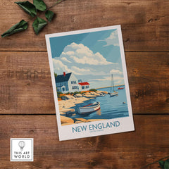 New England Travel Print showcasing a serene coastal landscape with boats and cottages.