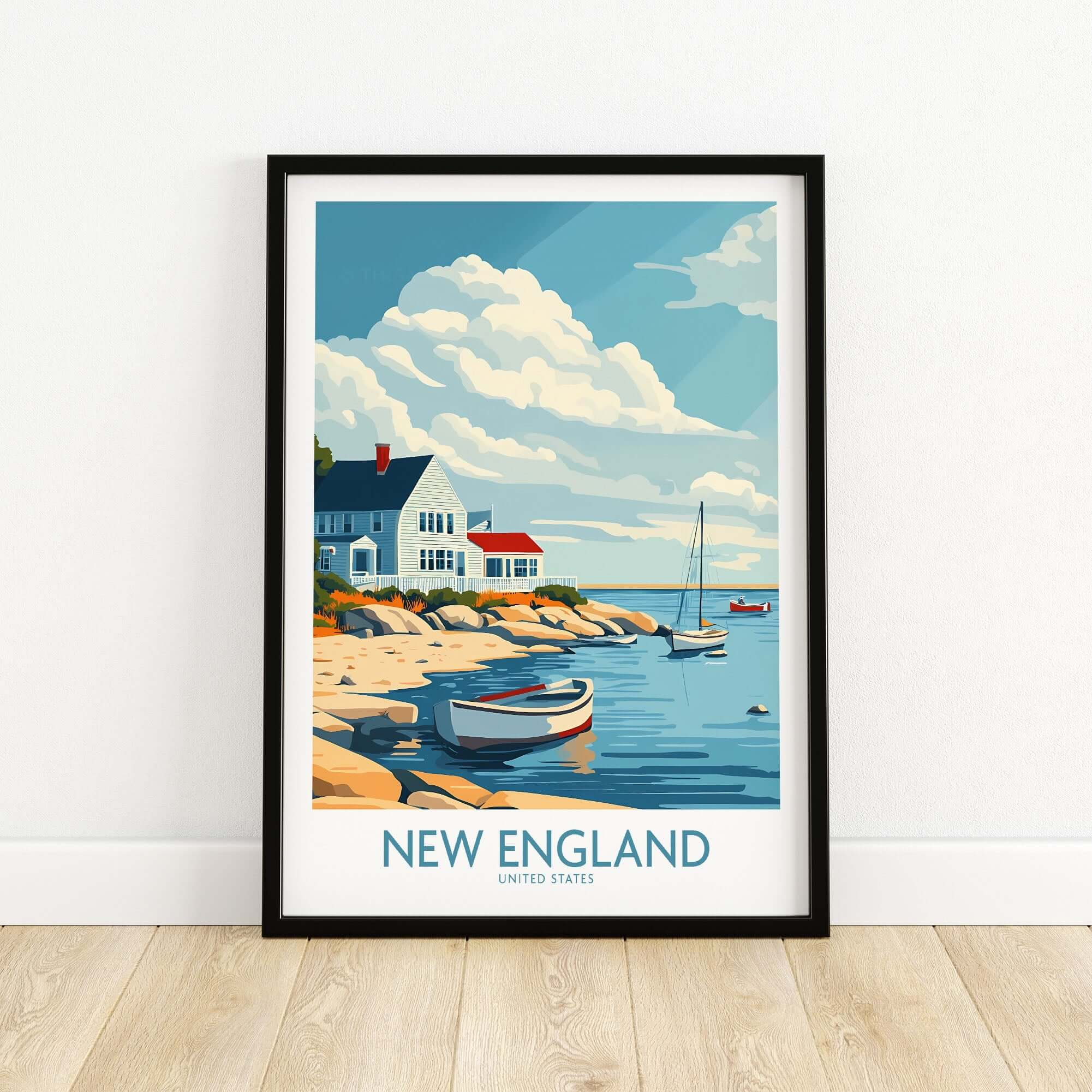New England Travel Print showcasing a serene coastal landscape with boats and a charming house in New England.