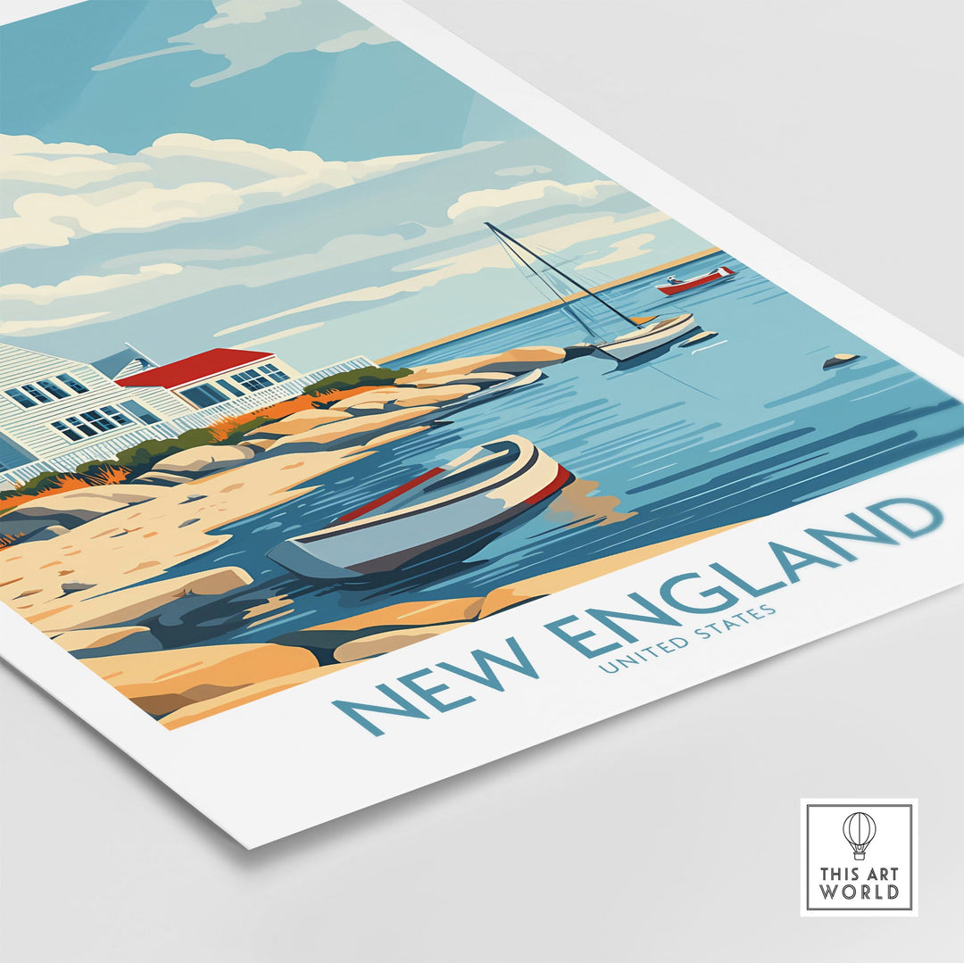 New England travel print with a scenic coastal view, featuring boats and coastal homes; perfect wall art for travel lovers.