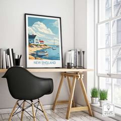 New England Travel Print featured in a cozy workspace, showcasing coastal scenery and wanderlust inspiration.