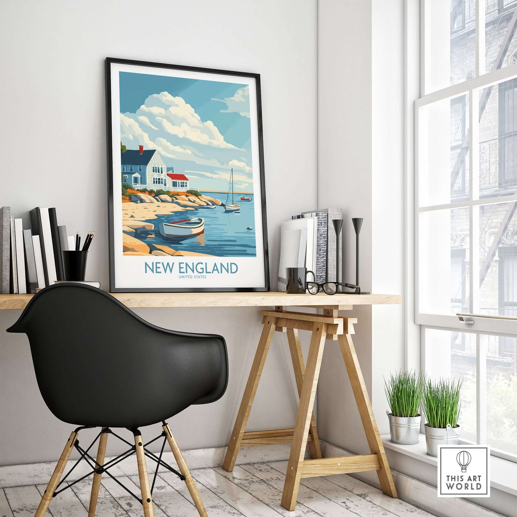 New England Travel Print featured in a cozy workspace, showcasing coastal scenery and wanderlust inspiration.