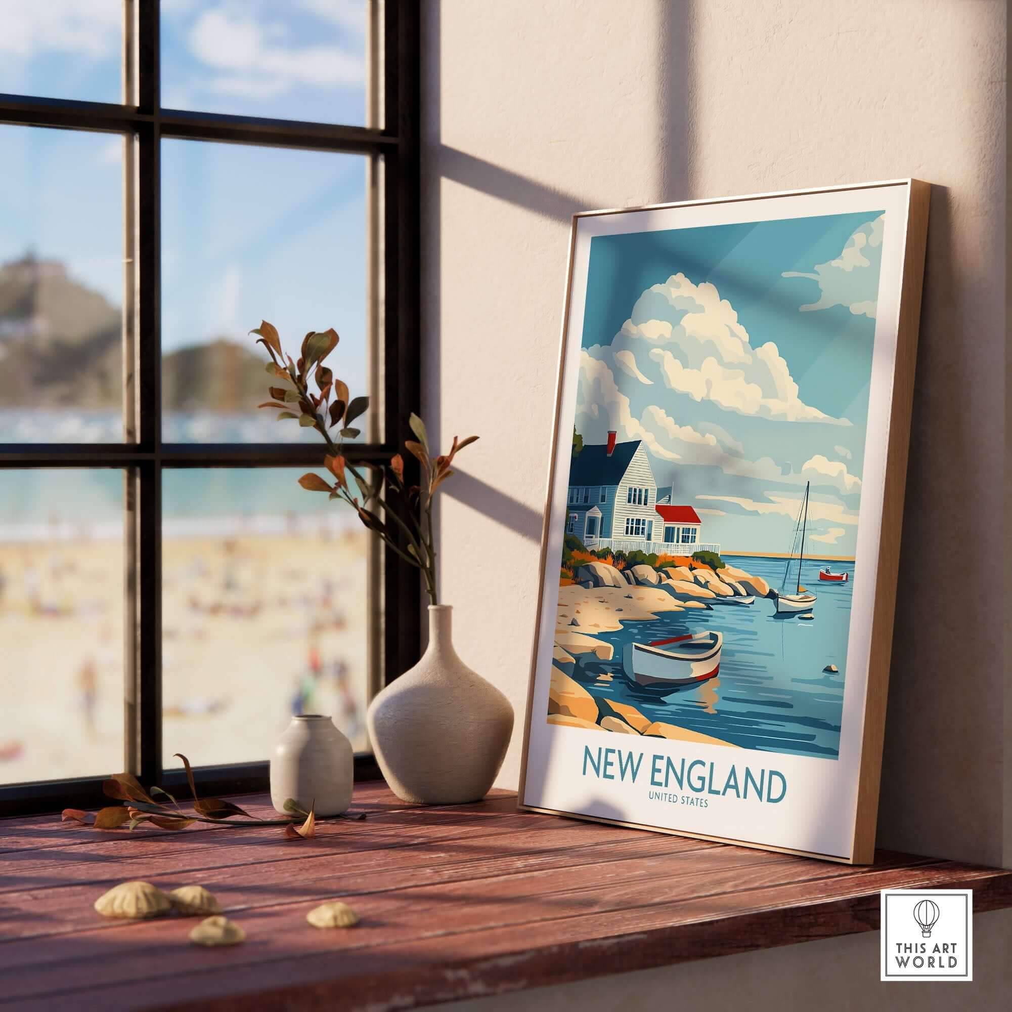 New England Travel Print showcasing a coastal landscape scene with boats and a charming house.