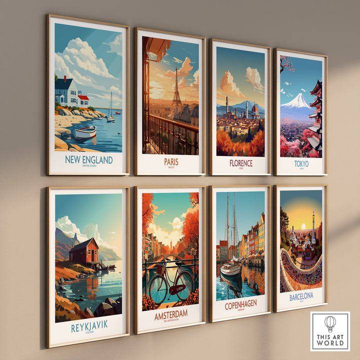 Wall art posters featuring scenic travel prints of New England, Paris, Florence, Tokyo, Reykjavik, Amsterdam, Copenhagen, and Barcelona.