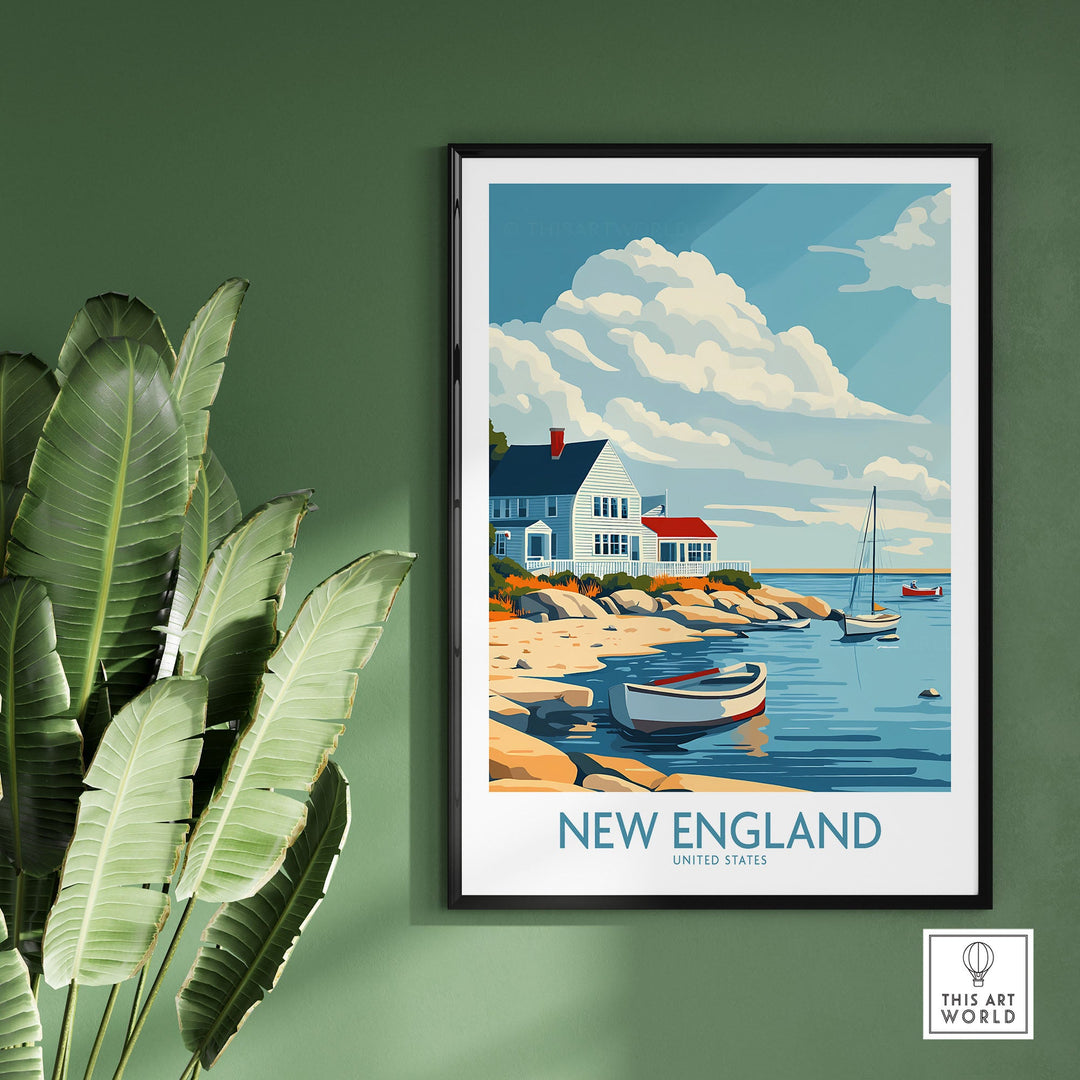 New England travel print featuring a serene coastal landscape with boats and houses, wall art poster for home decor.