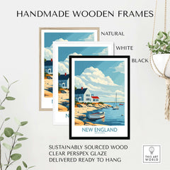 New England Travel Print framed in different styles, showcasing handmade wooden frames in natural, white, and black.
