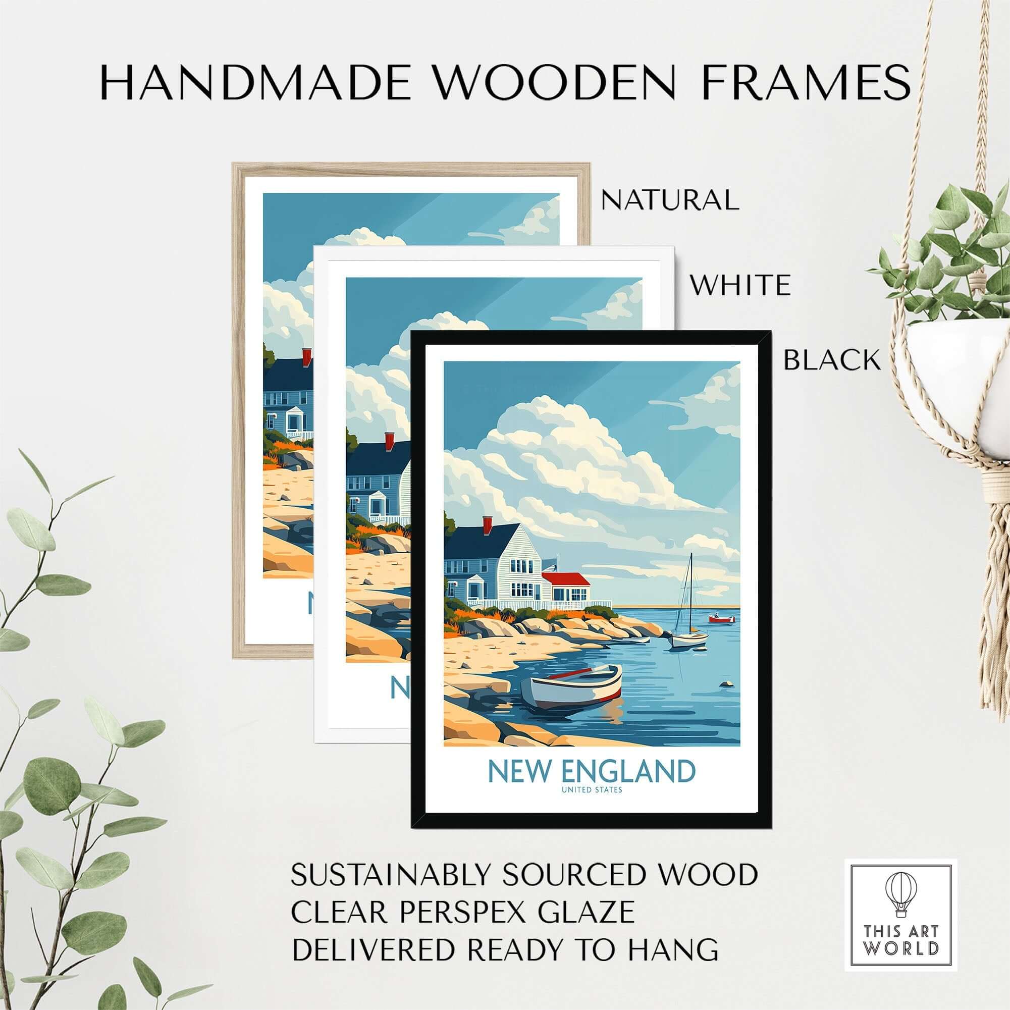 New England Travel Print framed in different styles, showcasing handmade wooden frames in natural, white, and black.