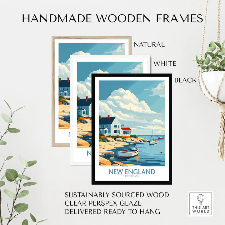 New England travel print with handmade wooden frames in natural, white, and black. Coastal wall art, sustainable wood, ready to hang.