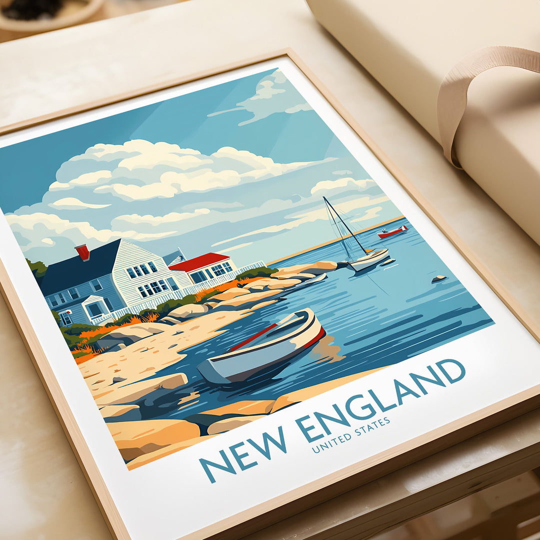 New England travel print featuring a serene coastal landscape with boats, houses, and blue skies; ideal wall art for home decor.