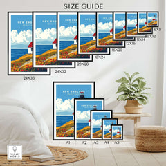 New England Wall Art size guide showing various frame sizes and design in a stylish interior setting.