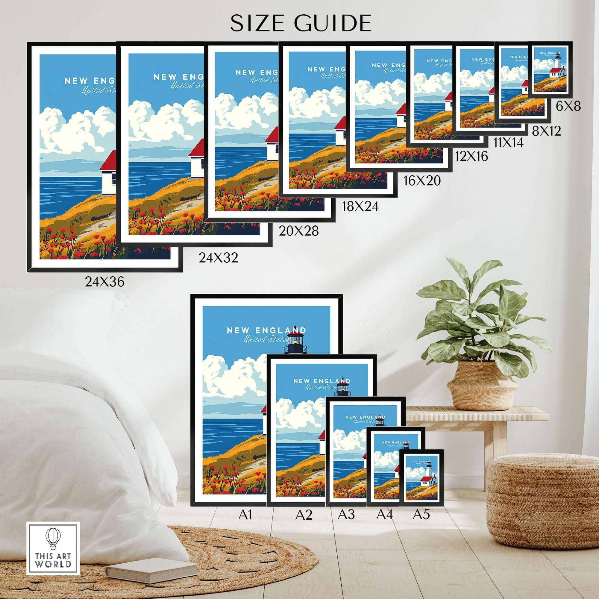 New England Wall Art size guide showing various frame sizes and design in a stylish interior setting.