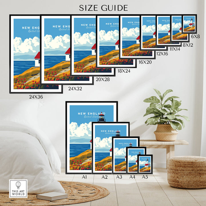 "Size guide for New England lighthouse wall art featuring coastal landscape from 8x12 to 24x36 inches in a cozy room setting."