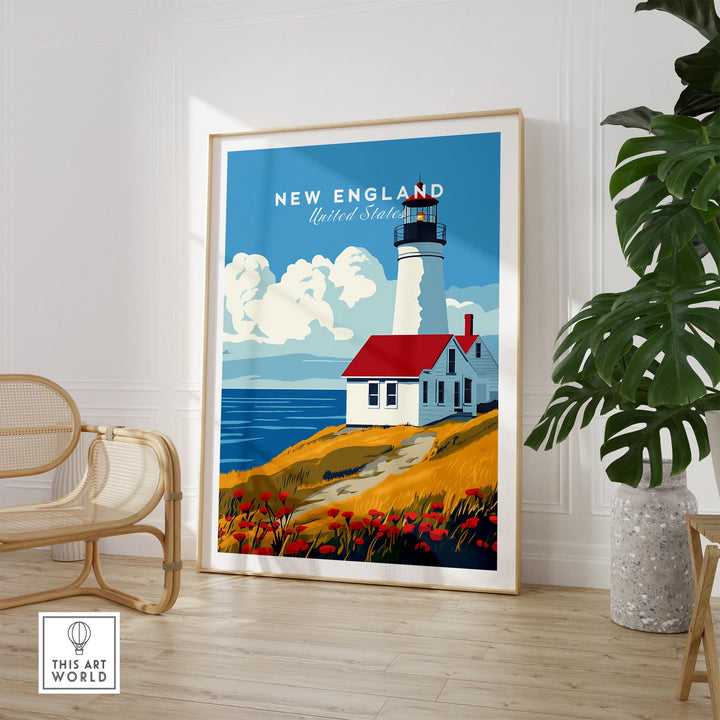 New England wall art with lighthouse, featuring vibrant coastal scenery, displayed in a modern interior setting.