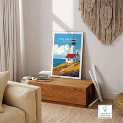 New England Wall Art featuring a charming lighthouse in a coastal landscape, perfect for adding a touch of New England decor.