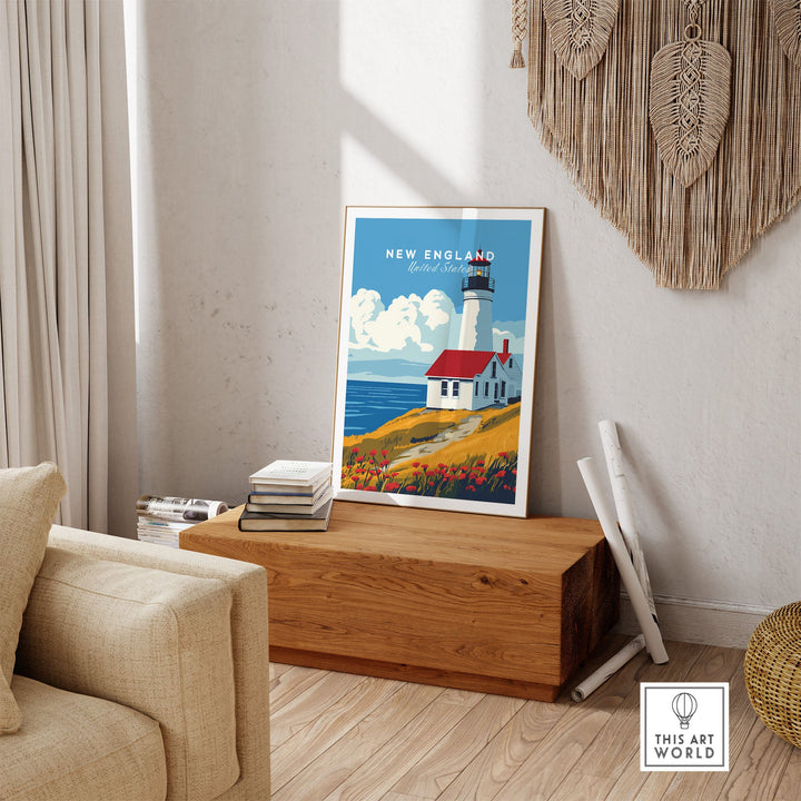 "New England wall art with lighthouse on display in cozy living room setting"