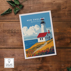 New England Wall Art poster featuring a beautiful lighthouse and coastal landscape.