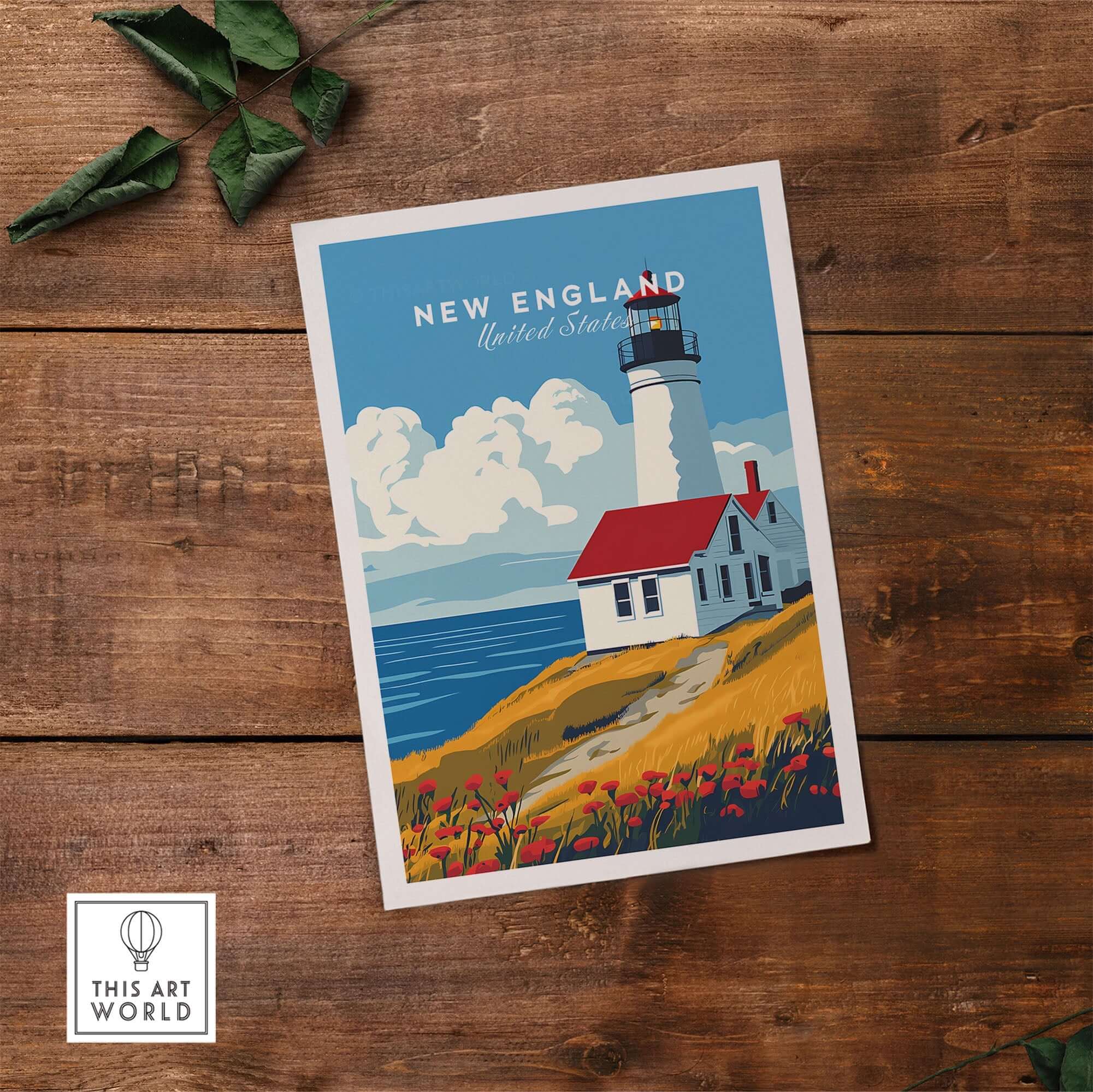 New England Wall Art poster featuring a beautiful lighthouse and coastal landscape.