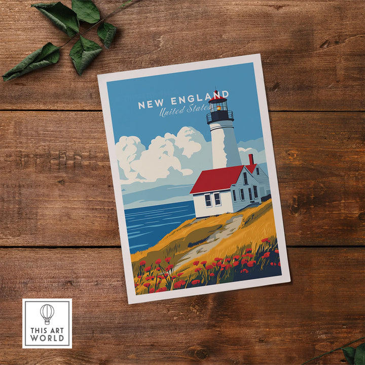 New England wall art featuring a charming lighthouse, evoking idyllic coastal landscapes and inspiring travel.