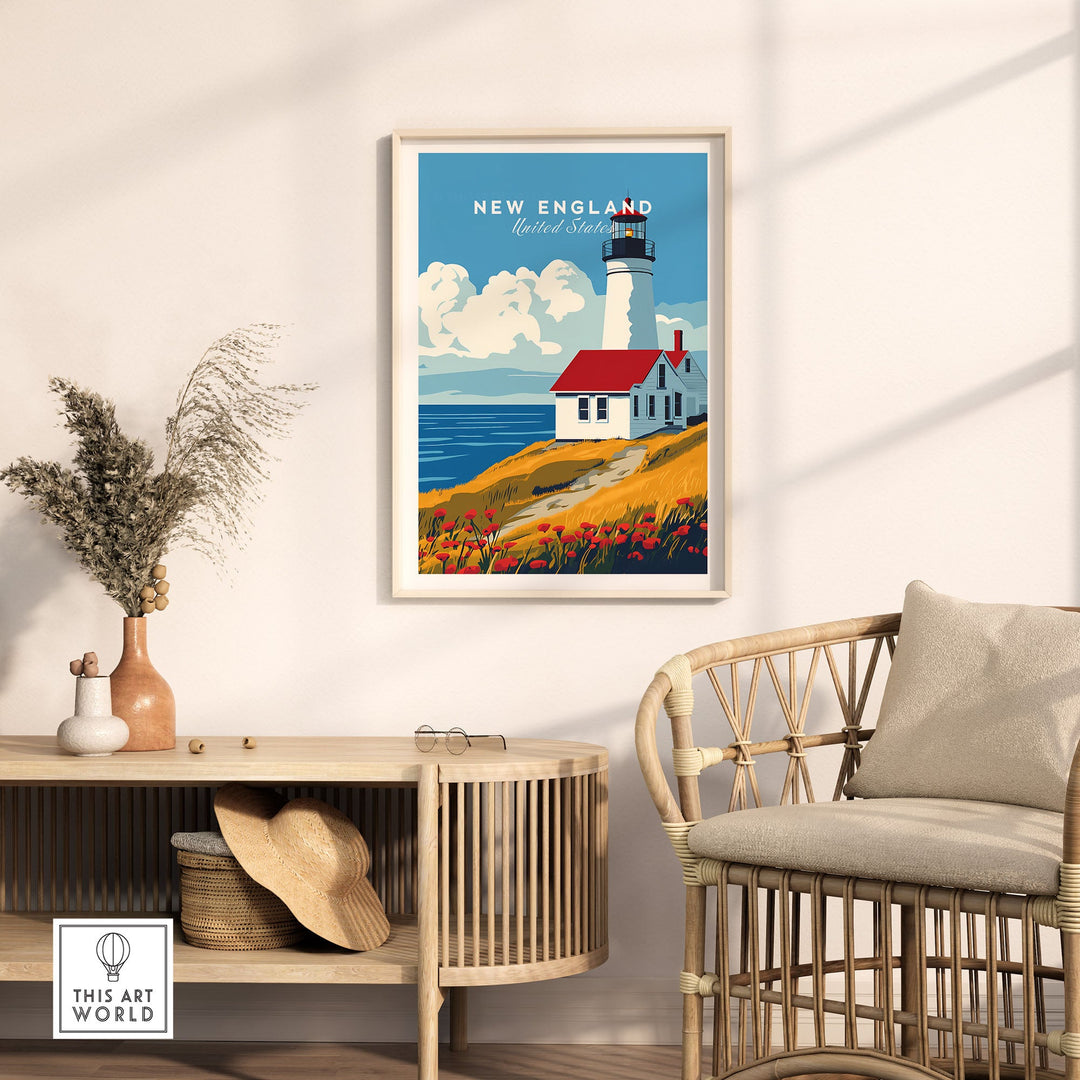 New England wall art featuring a charming lighthouse, perfect for adding coastal charm to any room. Travel Posters USA style decor.